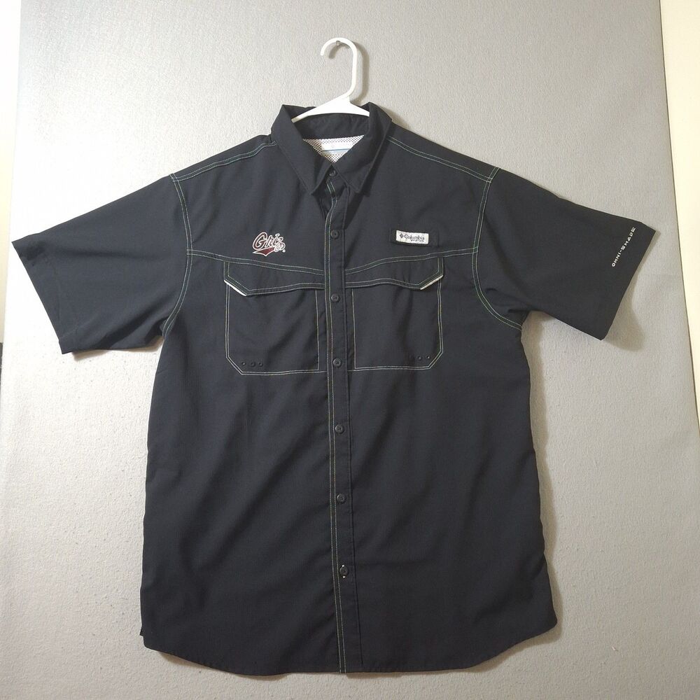 Columbia PFG Cast Farther Fishing Shirt Mens Medium Black Vented Logo